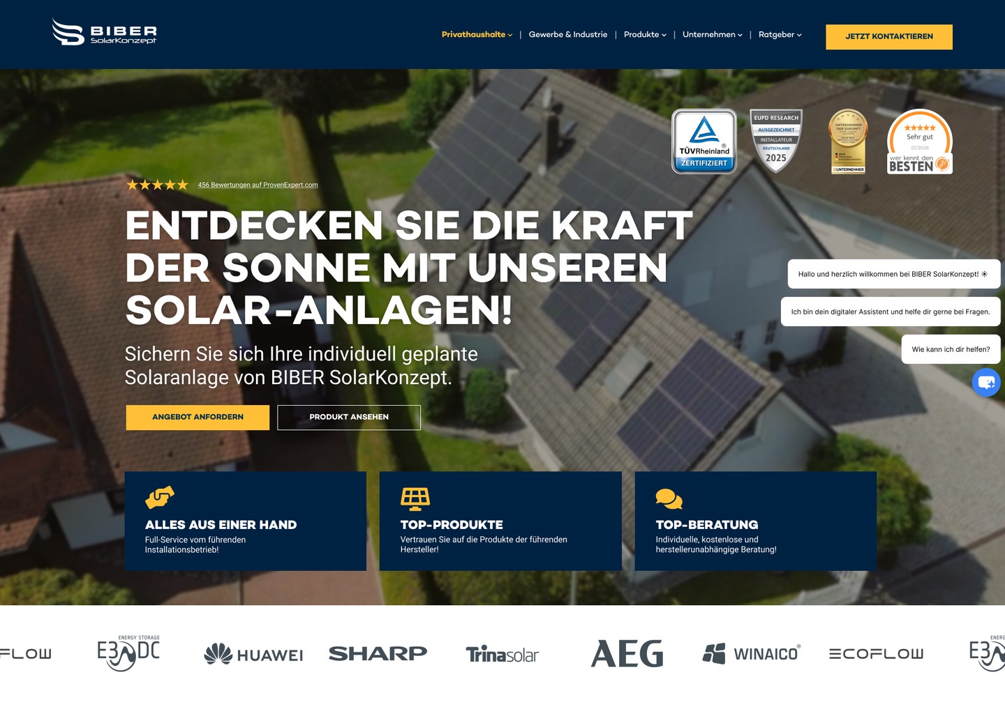 Startseite von BIBER SolarKonzept mit Solaranlage auf einem Hausdach und Herstellerlogos