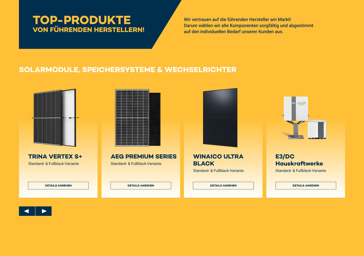 Bereich „Top-Produkte von führenden Herstellern" mit Solarmodulen und Speichern