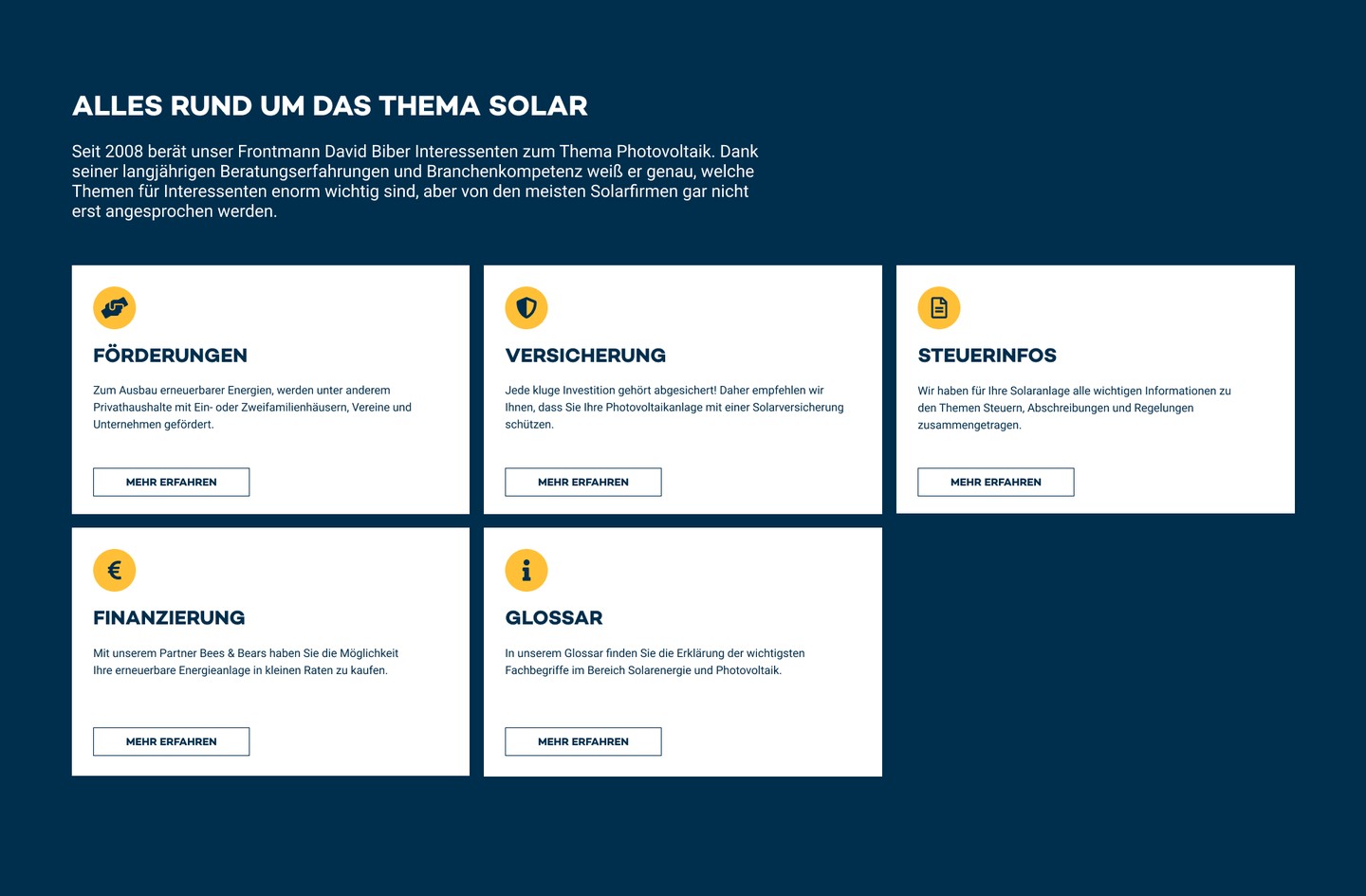 Ratgeber-Bereich „Alles rund um das Thema Solar" mit Themenkarten
