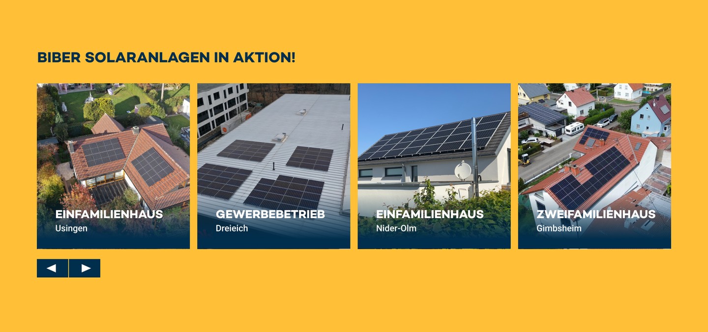 Bereich „BIBER Solaranlagen in Aktion" mit Fotos umgesetzter Anlagen