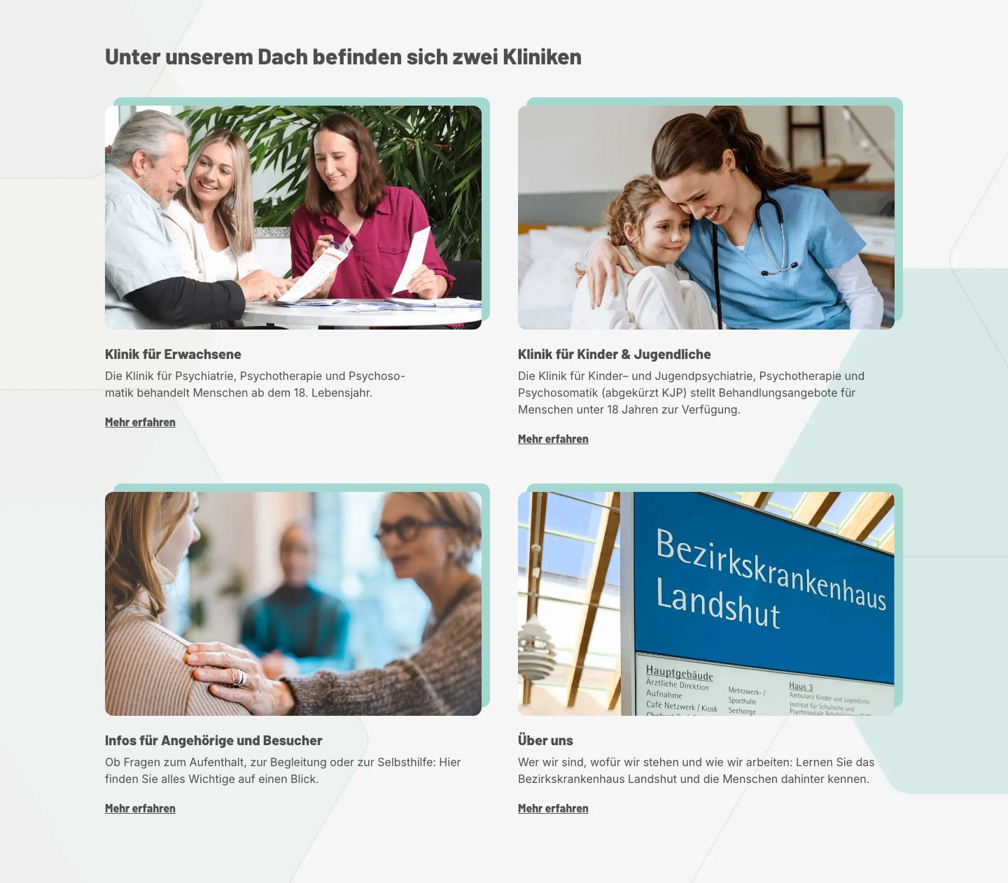 Bereich „Unter unserem Dach befinden sich zwei Kliniken“ mit Bildkarten für beide Kliniken, für Angehörige und Besucher und für „Über uns“