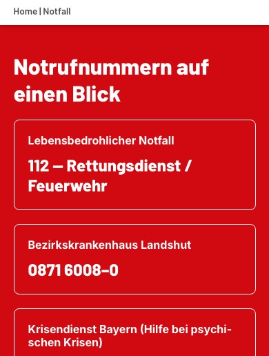 Notfallseite auf dem Smartphone mit „Notrufnummern auf einen Blick“ in roten Feldern