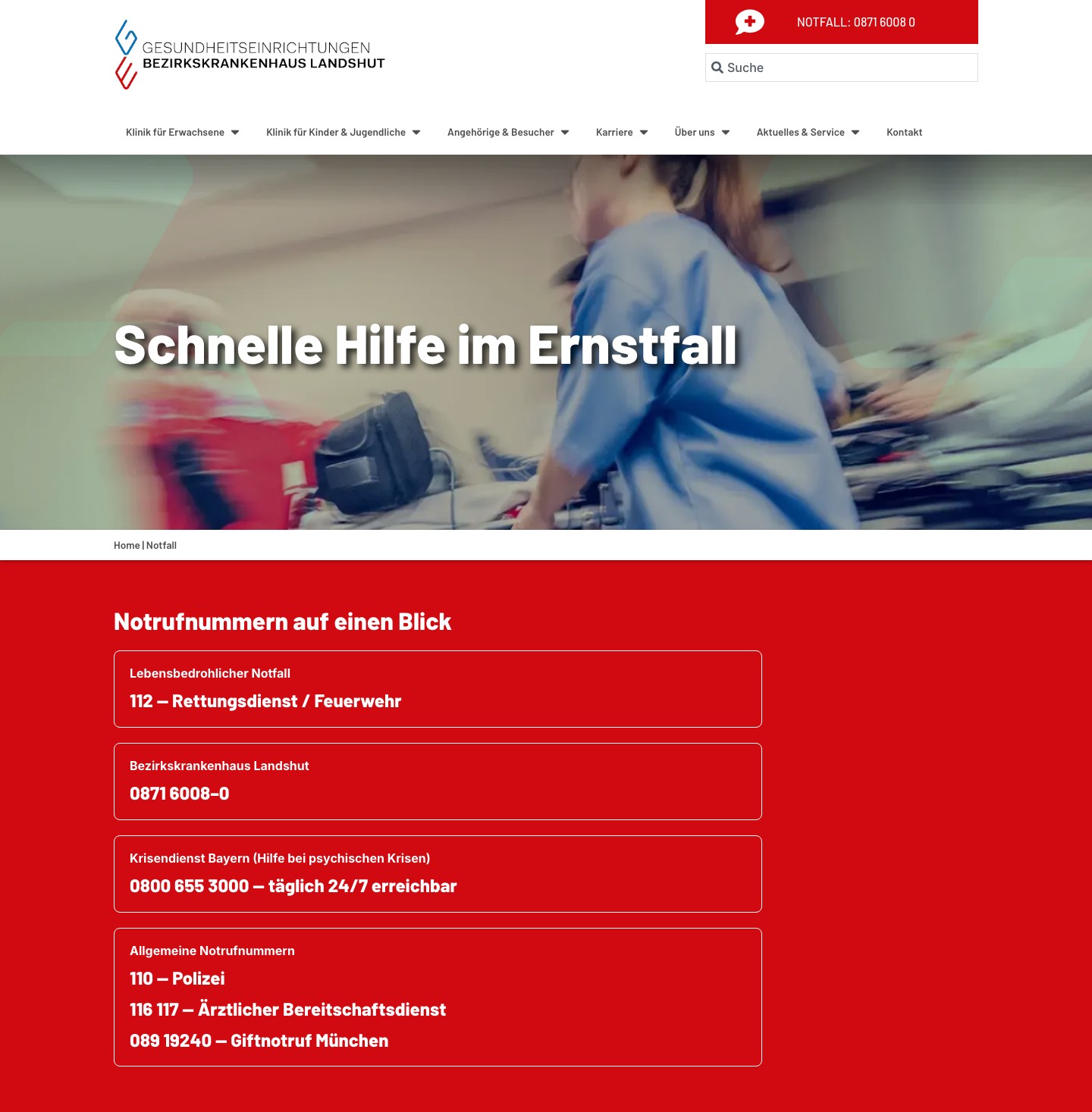 Notfallseite „Schnelle Hilfe im Ernstfall“ mit den wichtigsten Notrufnummern in einem roten Block