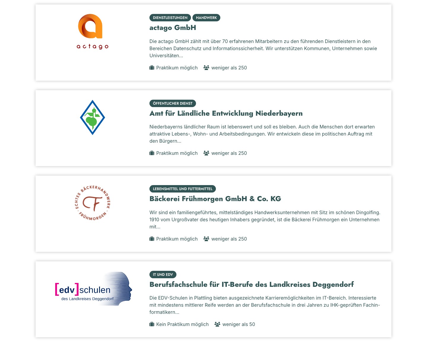 Verzeichnis der Ausbildungsbetriebe und Fachschulen mit Kurzprofilen: Logo, Branchen-Tags, Beschreibung, Praktikum und Betriebsgröße