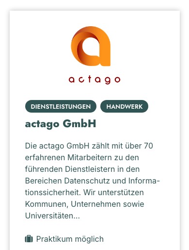 Verzeichnis der Ausbildungsbetriebe auf dem Smartphone mit dem Kurzprofil eines Betriebs: Logo, Branchen, Beschreibung und Hinweis „Praktikum möglich“