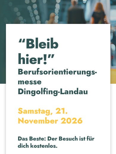 Seite zur Berufsorientierungsmesse „Bleib hier!“ auf dem Smartphone mit Datum und dem Hinweis, dass der Besuch kostenlos ist