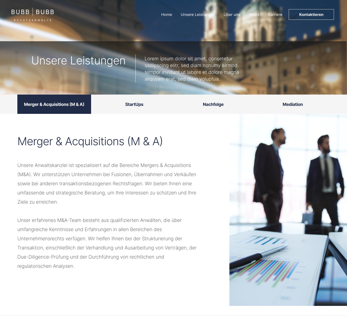 Leistungsseite „Merger & Acquisitions" mit Reitern für die Rechtsgebiete