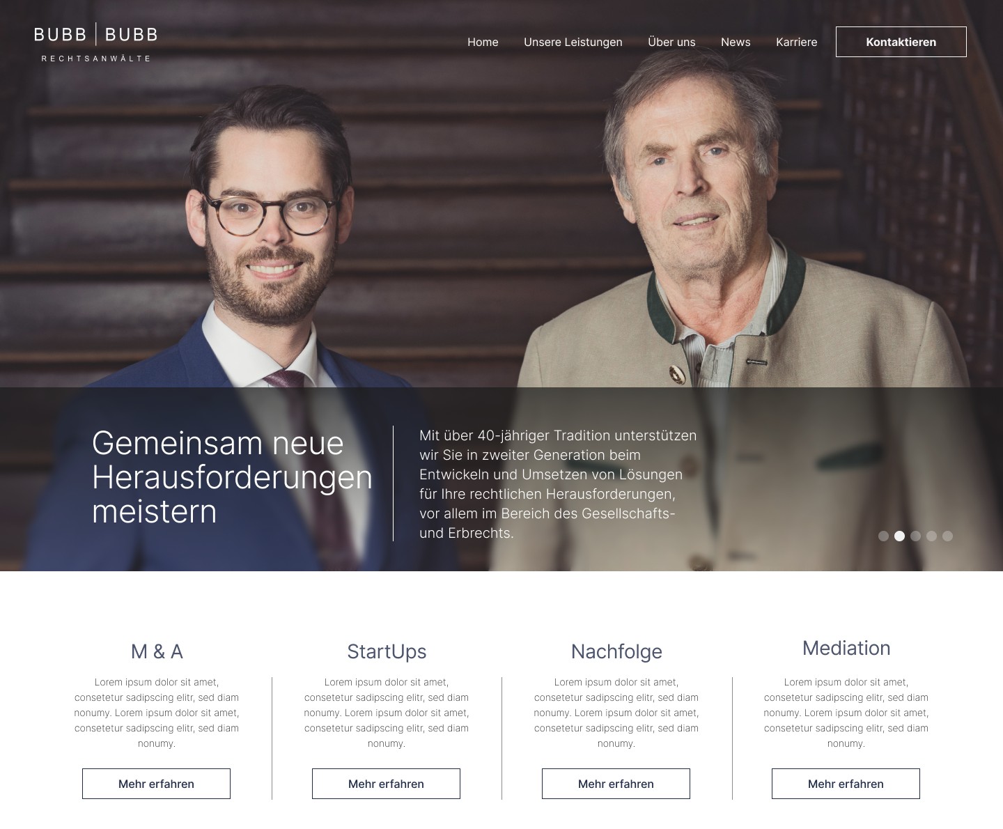 Startseite der Kanzlei BUBB + BUBB mit Porträt der beiden Anwälte und den vier Leistungsbereichen