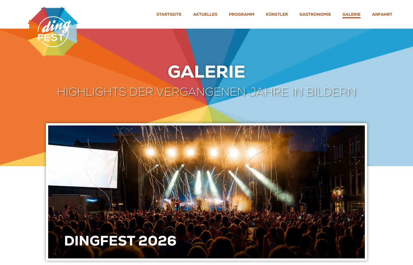 Galerieseite des Dingfest mit großer Fotokachel „Dingfest 2026“ unter dem farbigen Seitenbanner
