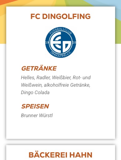 Gastronomieseite des Dingfest auf dem Smartphone mit der Karte des FC Dingolfing, darauf Logo, Getränke und Speisen