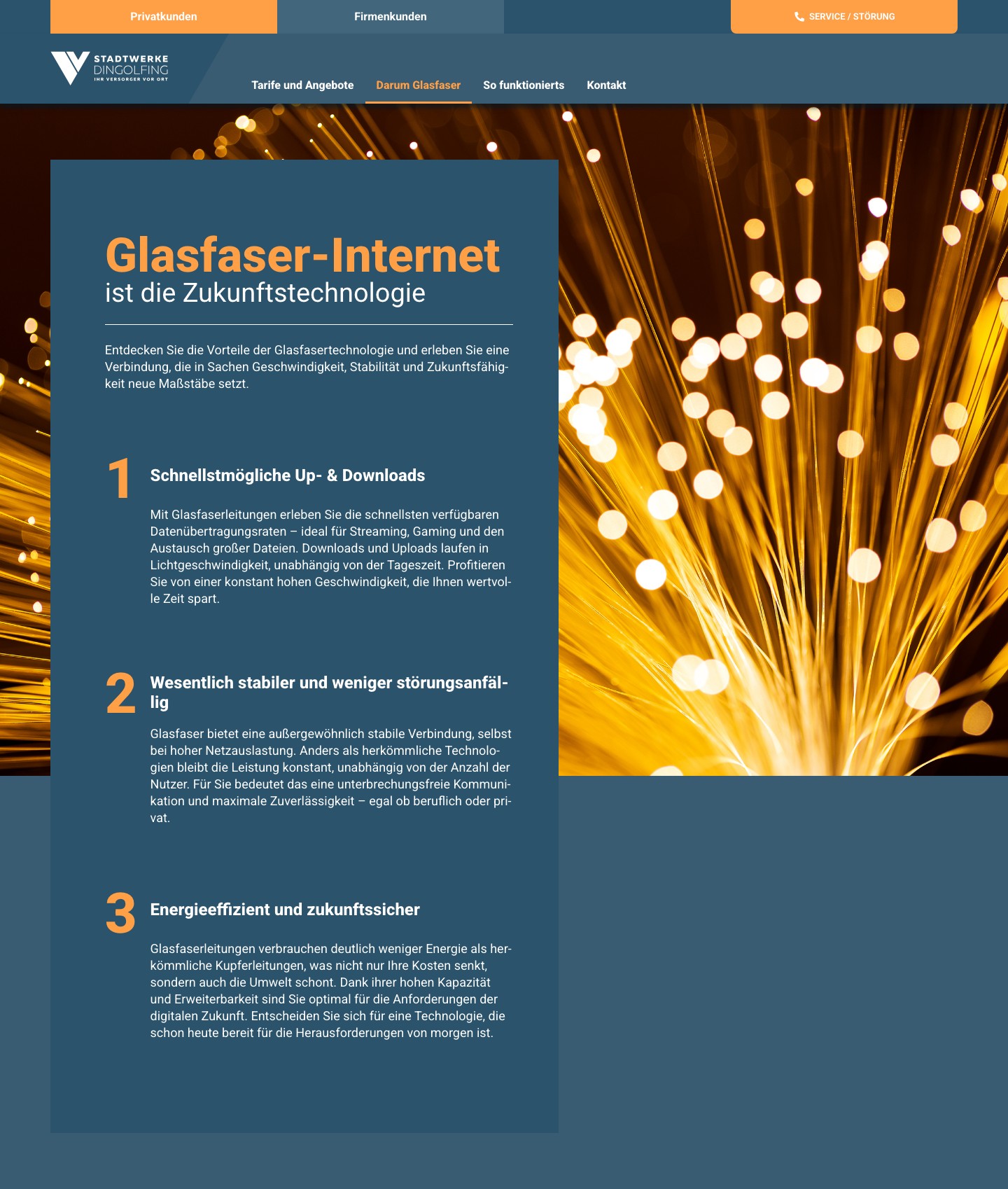 Seite „Darum Glasfaser“ mit Foto leuchtender Glasfaserenden und nummerierten Vorteilen der Glasfasertechnik