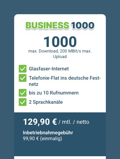 Tarifkarte „Business 1000“ für Firmenkunden auf dem Smartphone mit Leistungen und Monatspreis