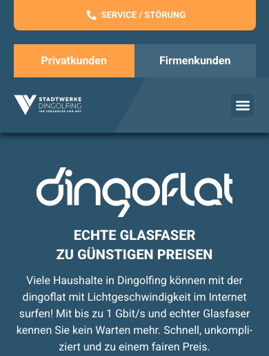 dingoflat auf dem Smartphone mit Service-Button, Umschalter für Privat- und Firmenkunden und Glasfaser-Angebot