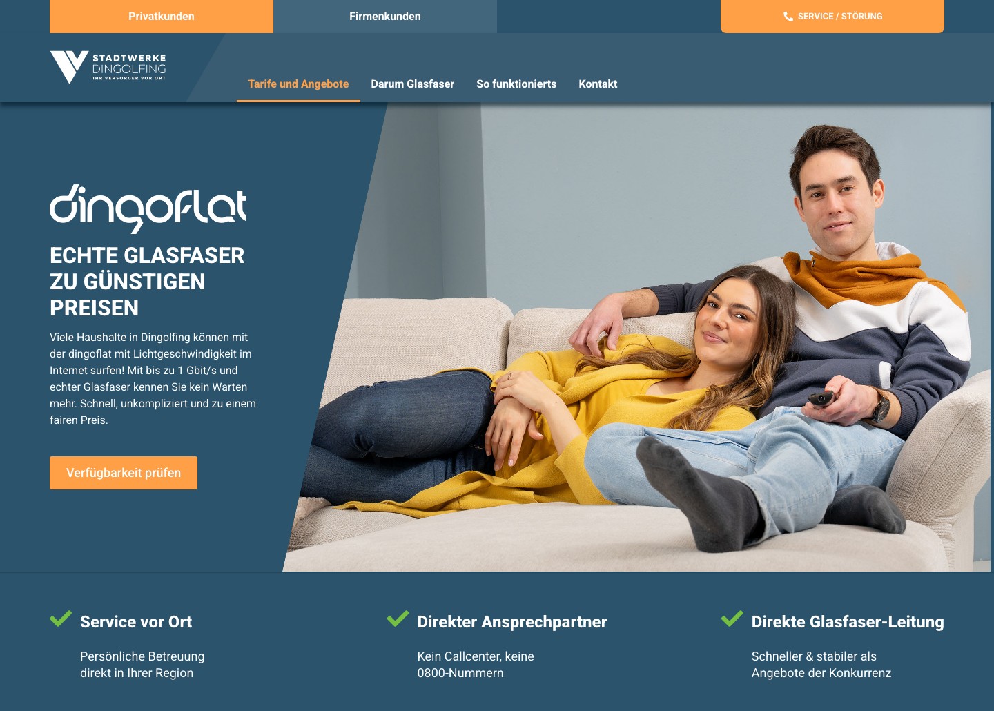 Startseite von dingoflat mit Glasfaser-Angebot, Button „Verfügbarkeit prüfen“ und Leiste mit drei Vorteilen
