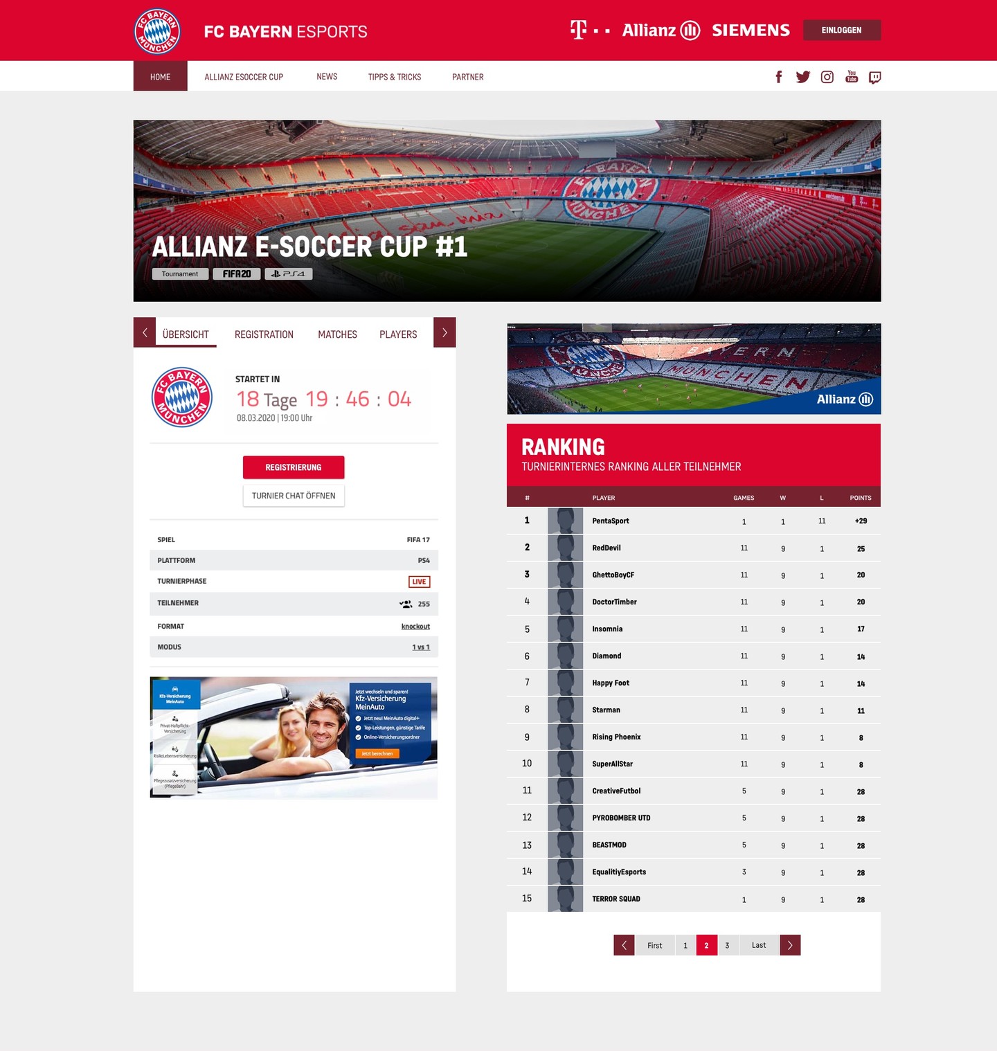 Detailseite eines Turniers mit Countdown, Turnierdaten und Ranking aller Teilnehmer