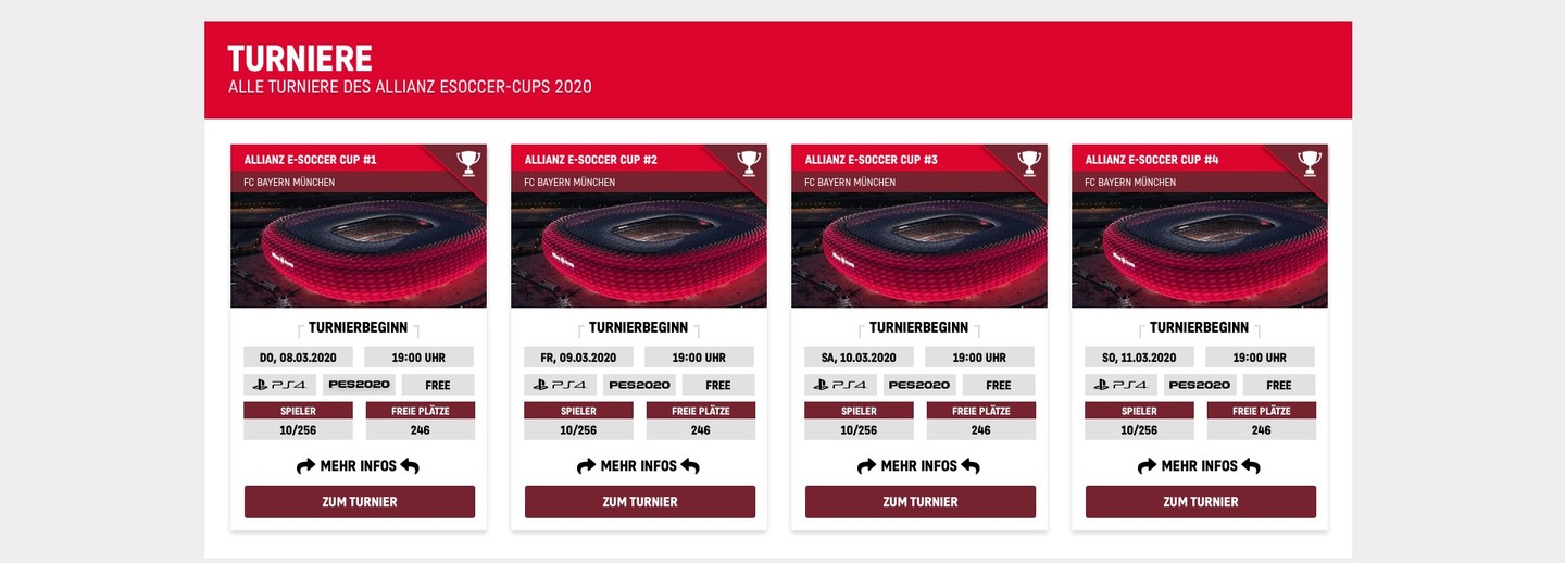 Turnierübersicht mit Karten zu den einzelnen Turnieren des Allianz E-Soccer Cups