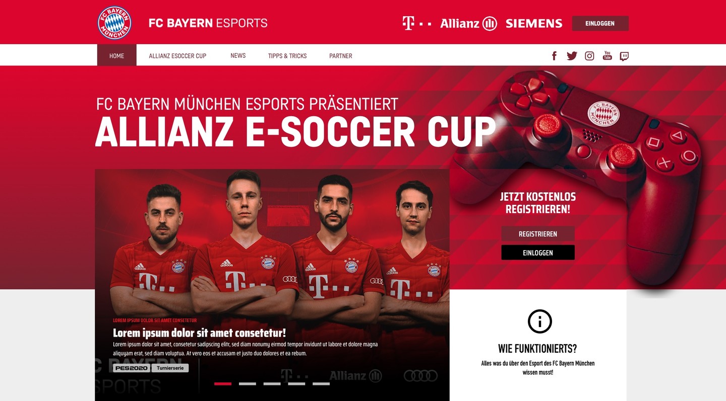 Übersichtsseite des Allianz E-Soccer Cups mit Hero, Spielerfotos und Anmeldung