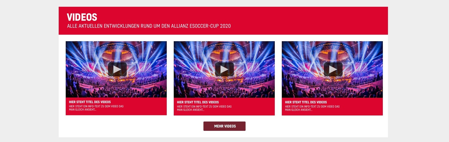 Videobereich der E-Sport-Plattform im Design des FC Bayern