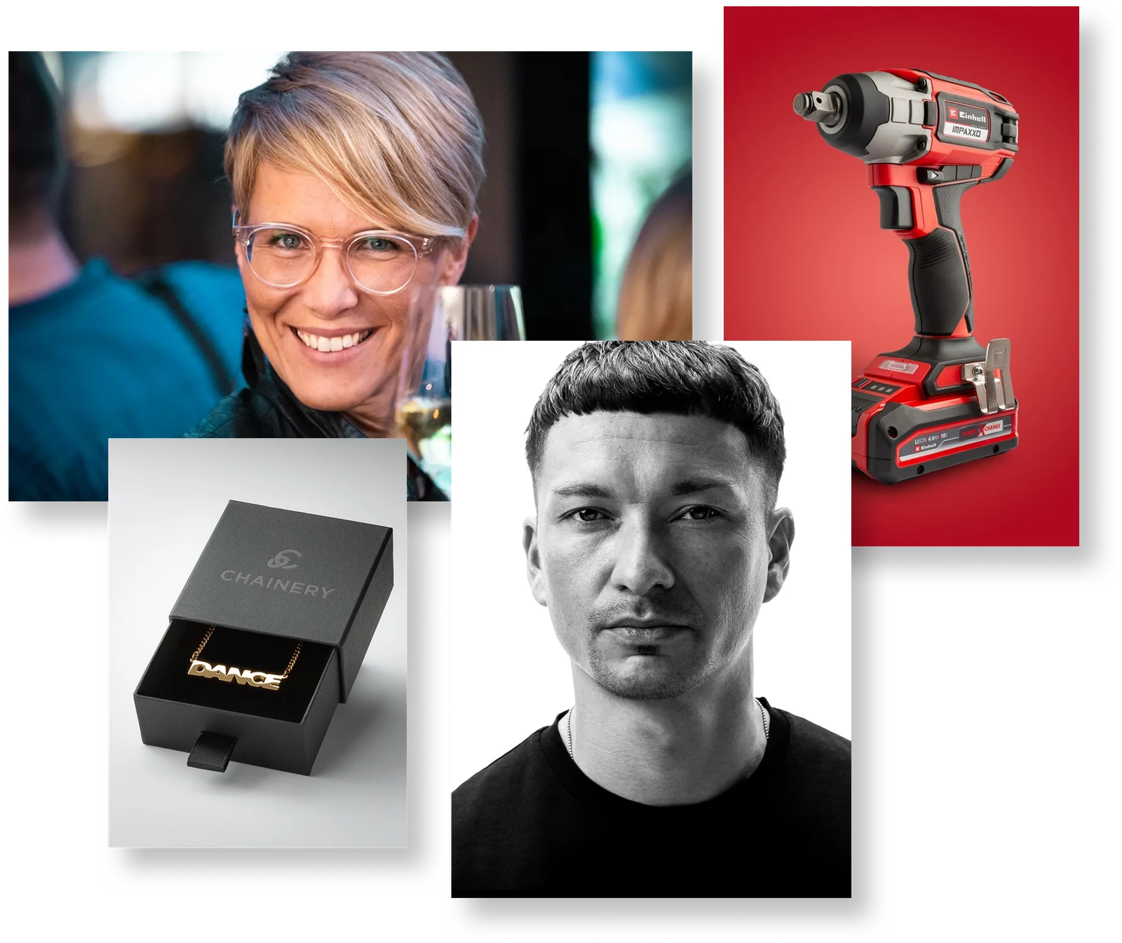Vier Arbeitsbeispiele als gestaffelte Karten: ein Porträt auf einer Veranstaltung, zwei Produktaufnahmen und ein Studio-Porträt