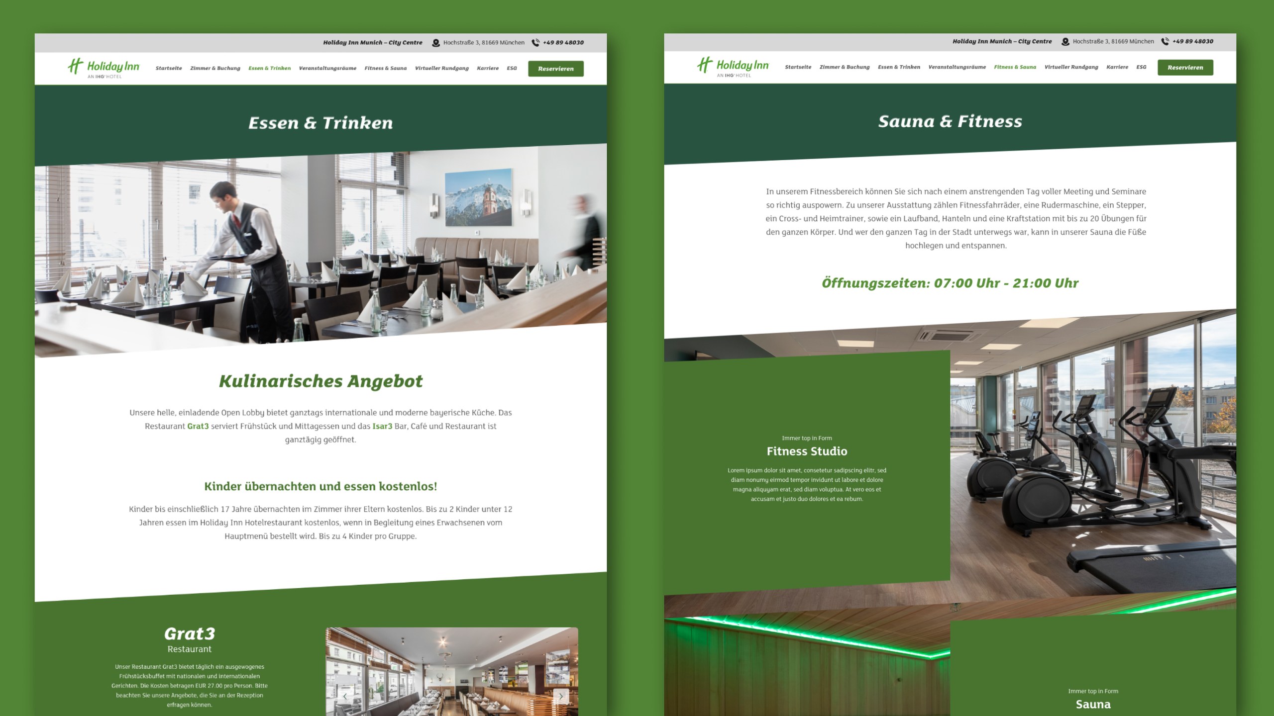 Seiten „Essen & Trinken" und „Sauna & Fitness" nebeneinander