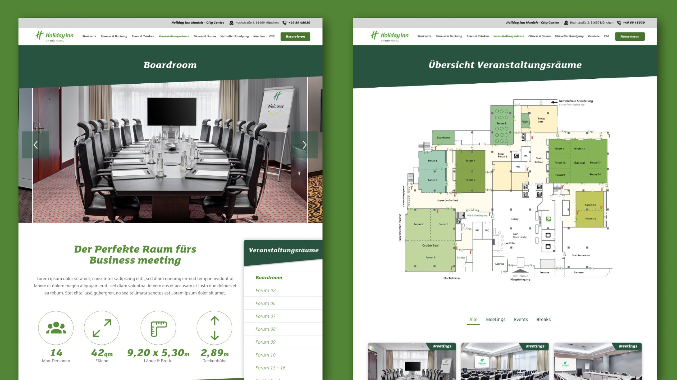 Seiten zum Boardroom und zur Übersicht der Veranstaltungsräume mit Raumplan