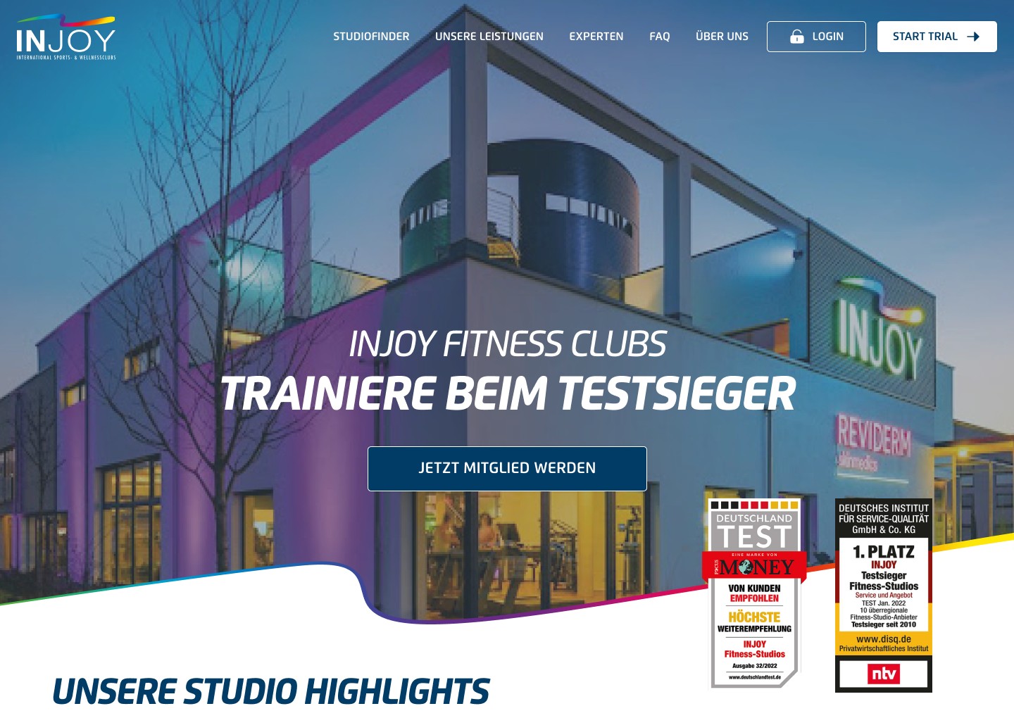 Startseite des Filial-Templates von INJOY mit Studiofoto und Probetraining-Angebot