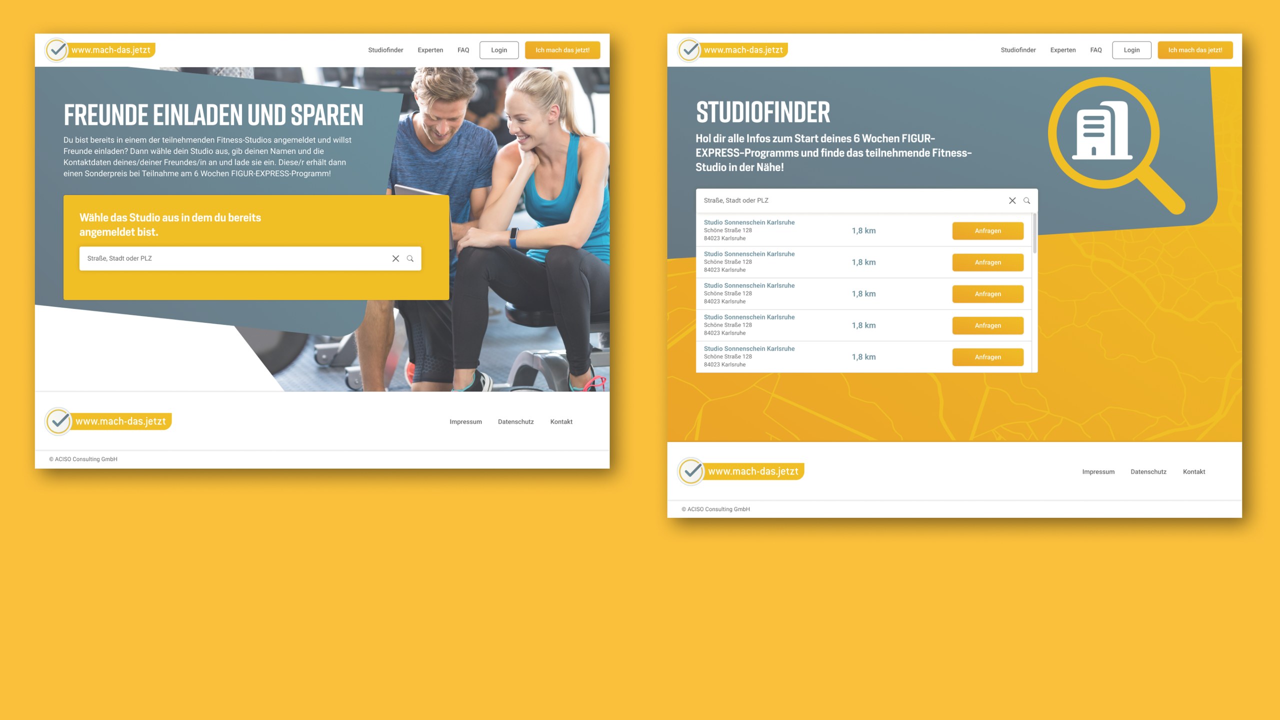 Seiten „Freunde einladen und sparen" und „Studiofinder" nebeneinander