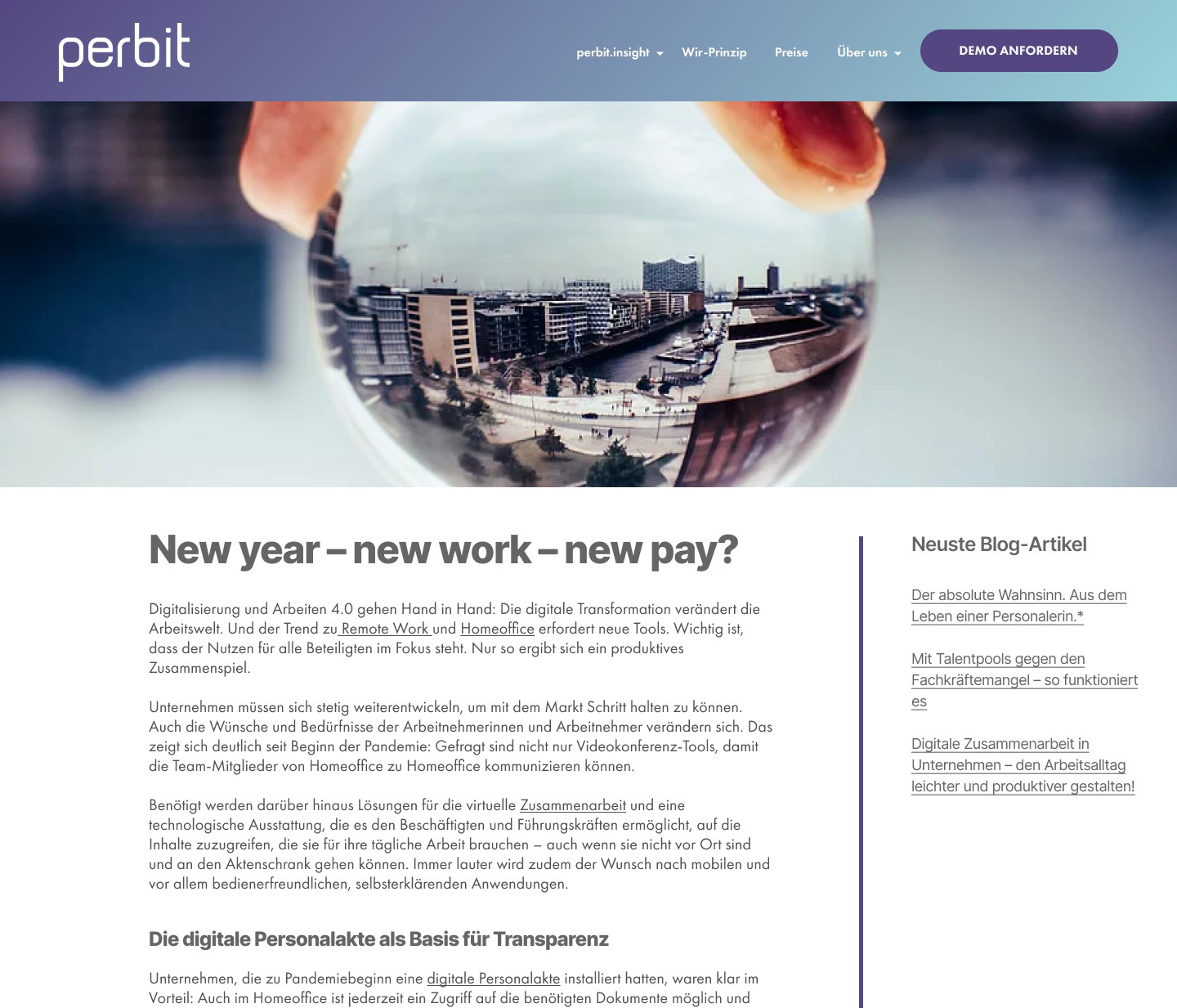 Blog-Artikel auf der perbit-Website mit Seitenleiste