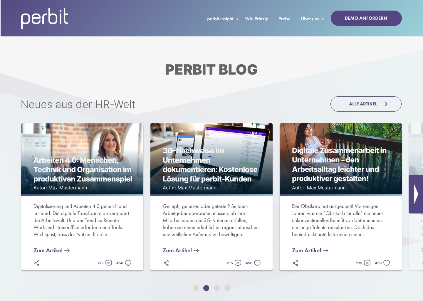 Blog-Übersicht der perbit-Website mit Artikelkarten nach Rubriken
