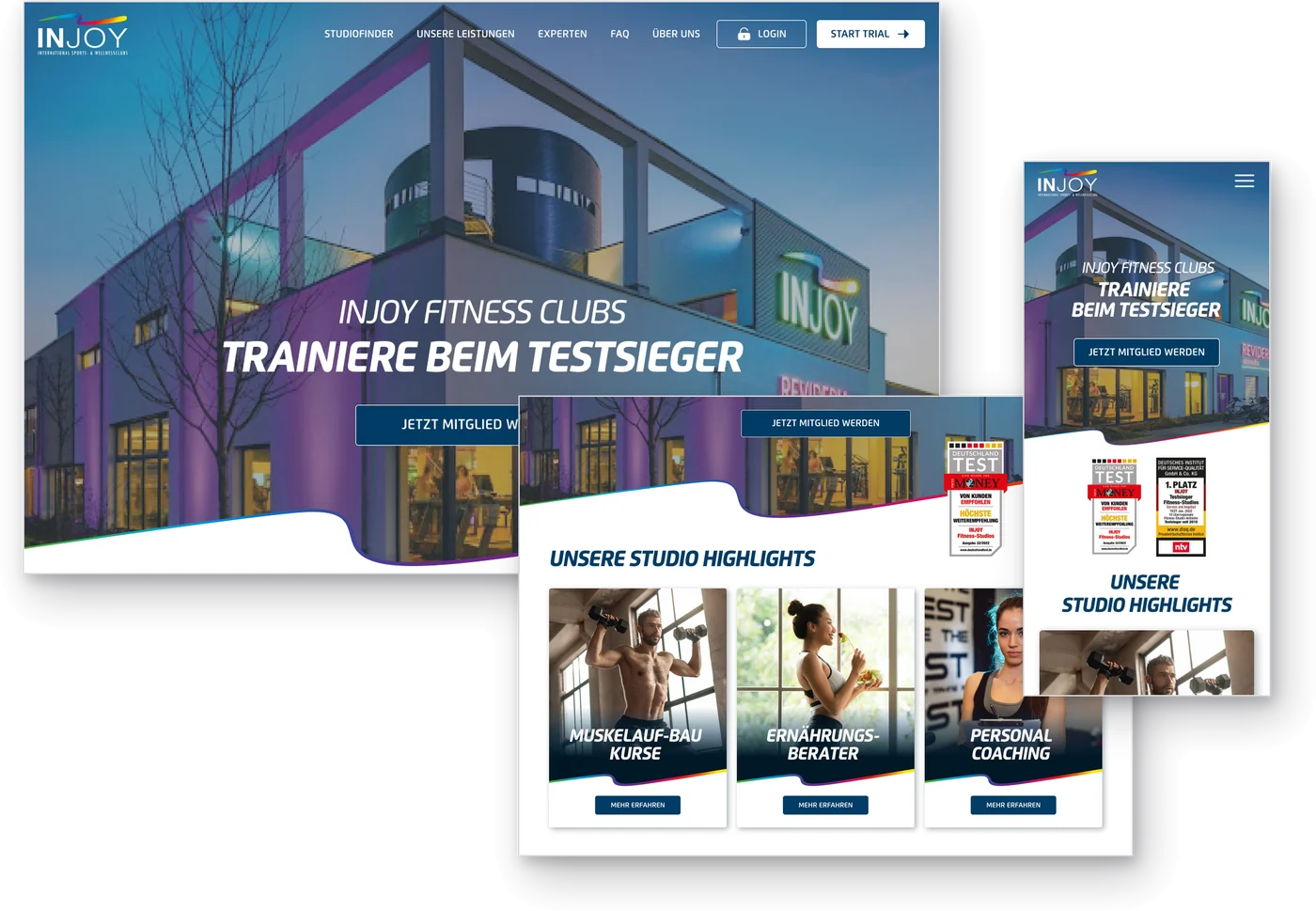 Website-Beispiel INJOY Fitness Clubs in Desktop-, Tablet- und Smartphone-Ansicht